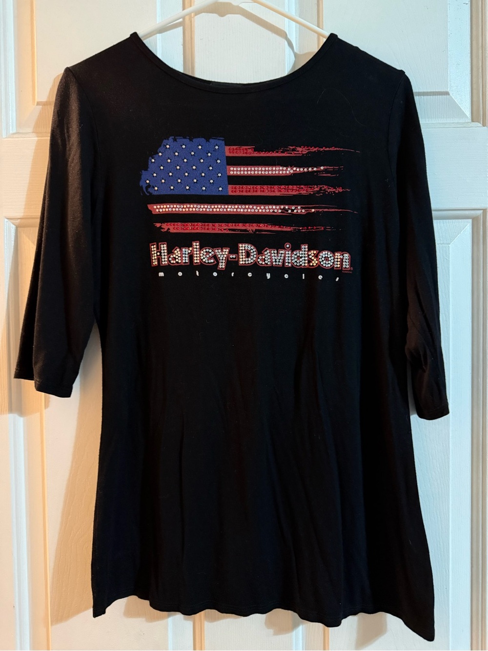 Harley-Davidson Black Tee with Red & Blue Accent Rhinestones